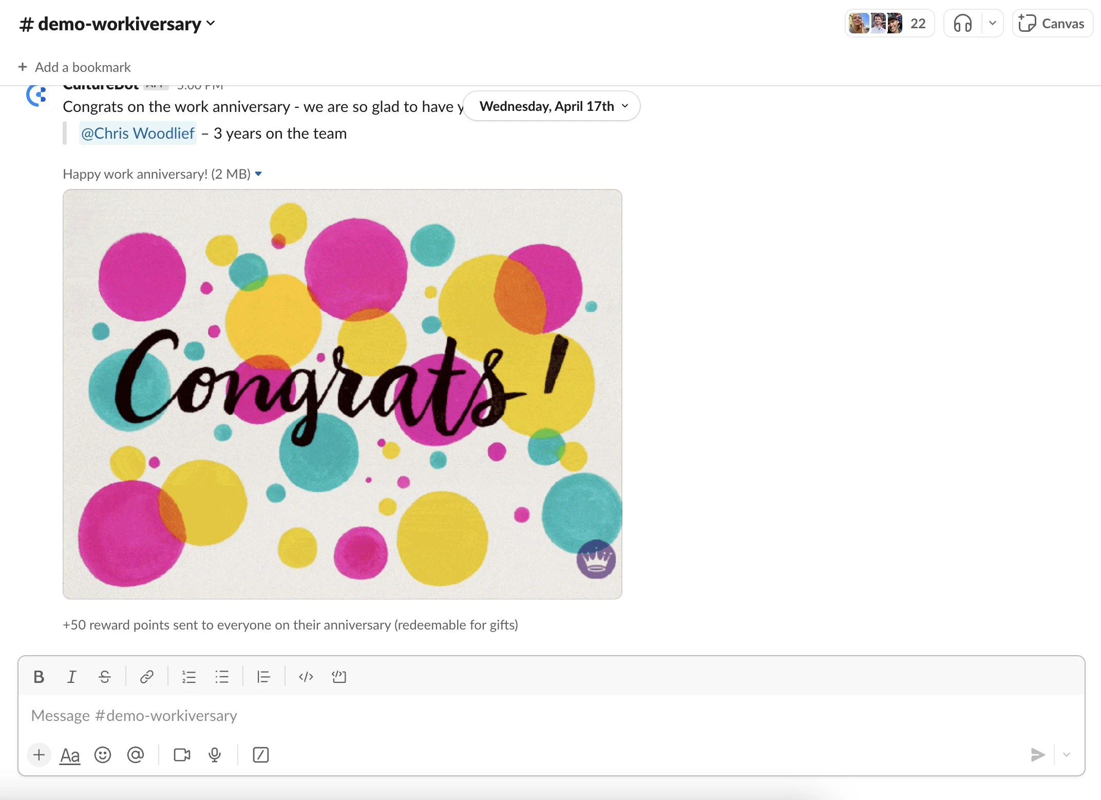 virtual work-aversary celebrations in Slack